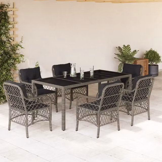 Set da Pranzo da Giardino 7 pz con Cuscini in Polyrattan Grigio 3212034