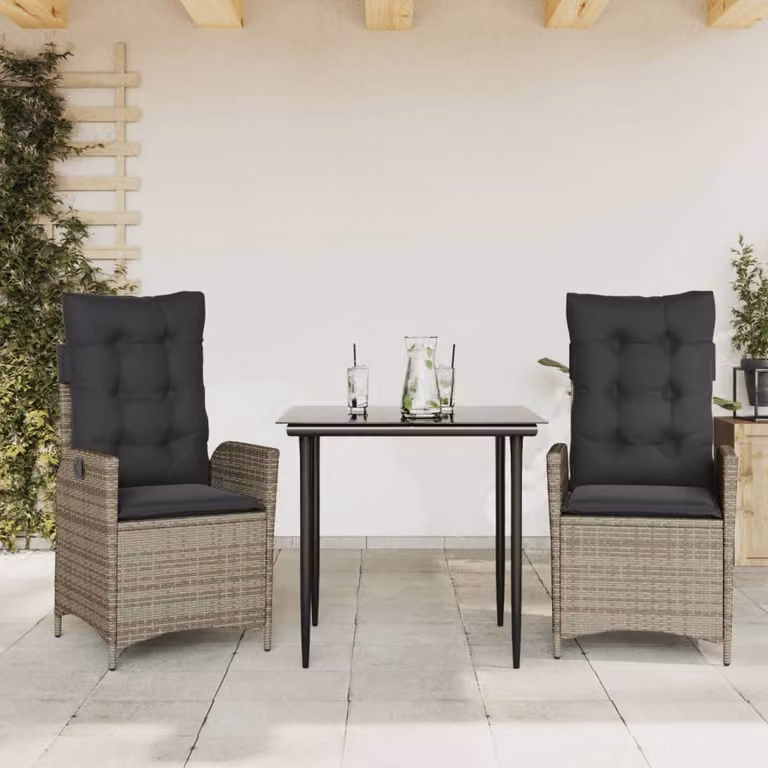 vidaXL Set da Pranzo da Giardino 3 pz in Polyrattan Grigio e Nero con Tavolo in Vetro
