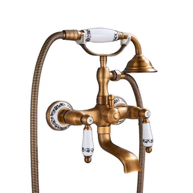 Miscelatore a parete per doccia e vasca in ottone, comando a due maniglie, elegante design tradizionale, ottone antico B