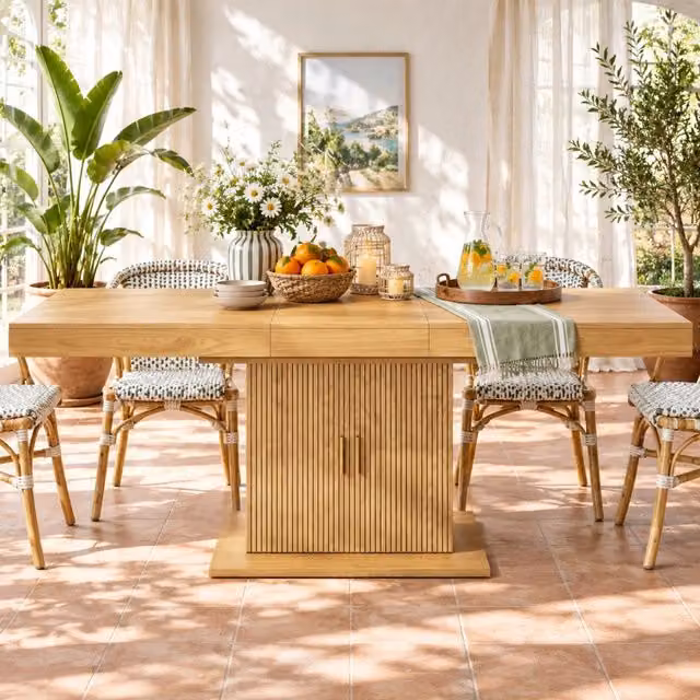 Tavolo da pranzo allungabile ULEVR 140-180x90 cm con mobile contenitore a 2 ante e ripiano removibile