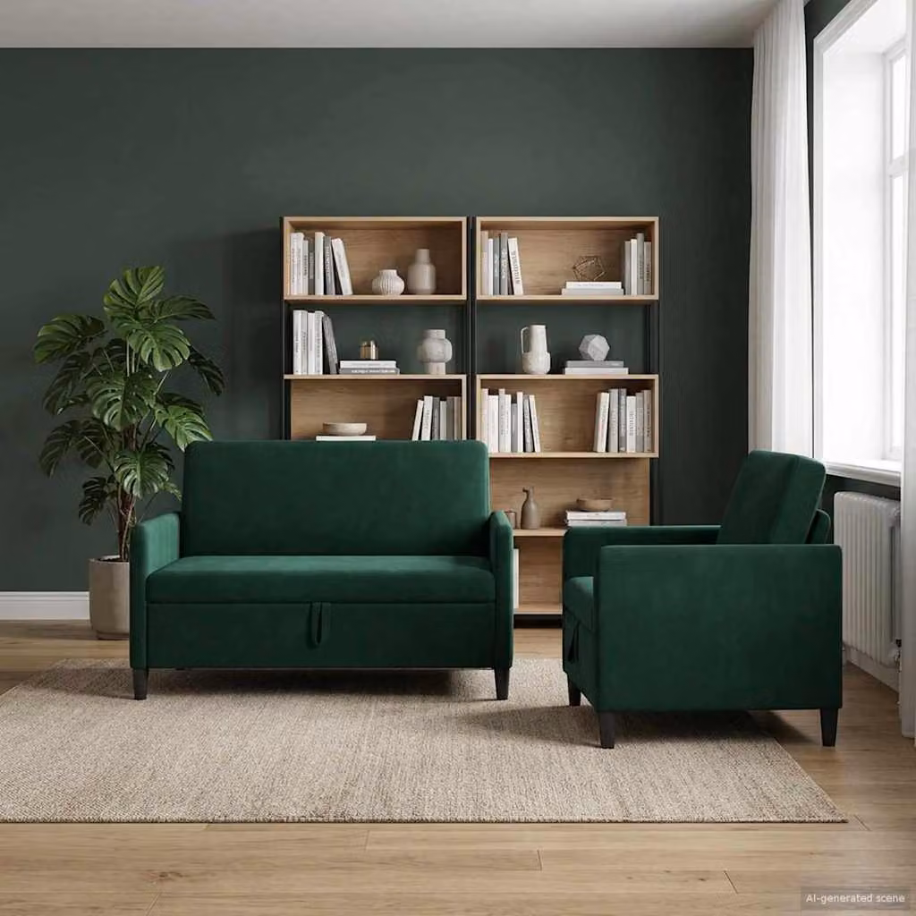 Set di 2 divani moderni vidaXL in velluto verde e nero con seduta a sollevamento e contenitore per il soggiorno