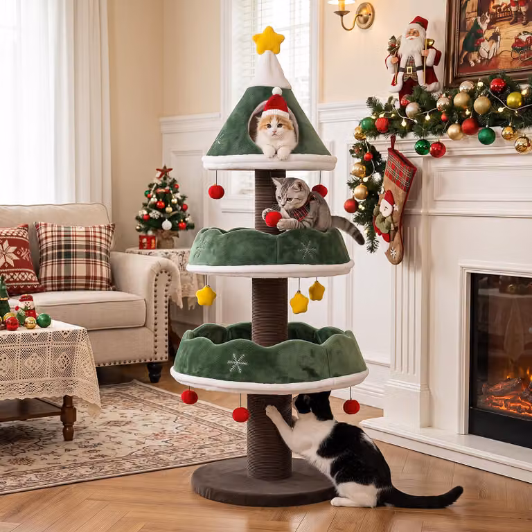 COSTWAY, albero per gatti da 143 cm con design a albero di Natale, completo di rifugio, pali per graffiare, decorazioni a stella, palline in peluche, base ampia e colonne rinforzate