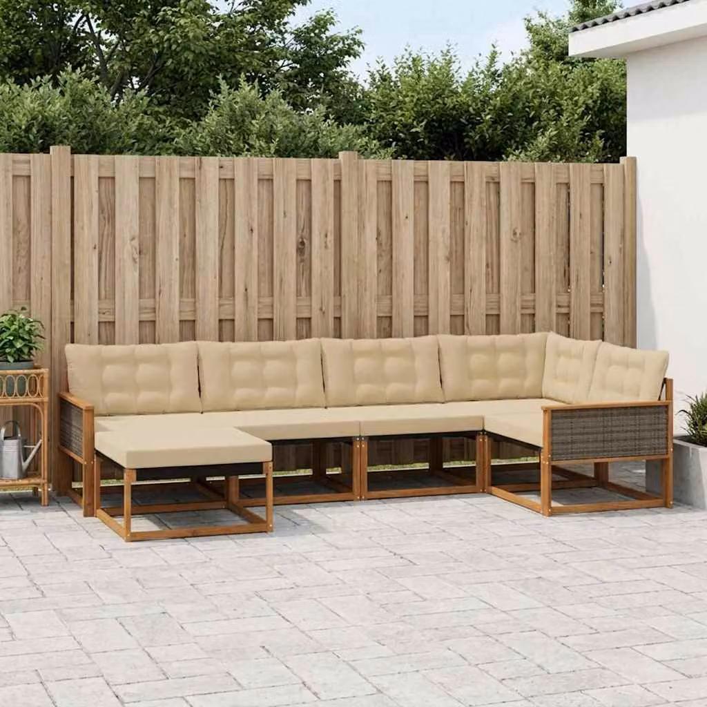 Set di divani da esterno vidaXL a forma di L composto da 6 pezzi in legno di acacia con cuscini beige e ottoman