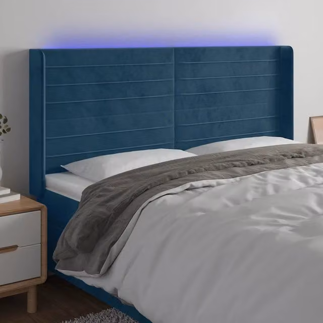 Testiera per letto vidaXL in velluto blu con illuminazione LED integrata e porta di ricarica USB, L: 163 cm, P: 16 cm, H: 118-128 cm – 1