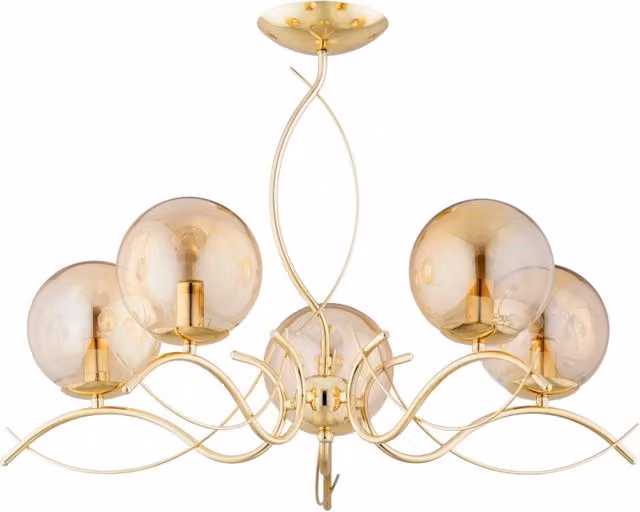 Plafoniera Alfa Elita in ottone con sfere in vetro ambra, dimmabile, per 5 lampadine E14