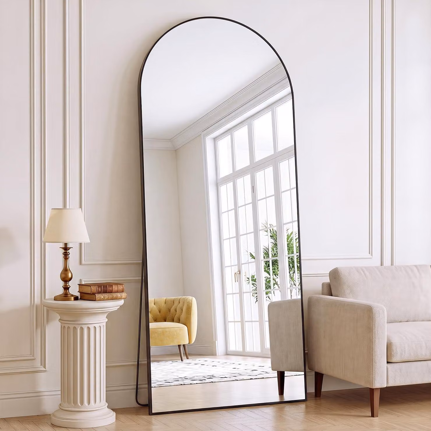 Specchio a pavimento con arco, dimensioni 165x70 cm, cornice in alluminio, vetro temperato, colore nero