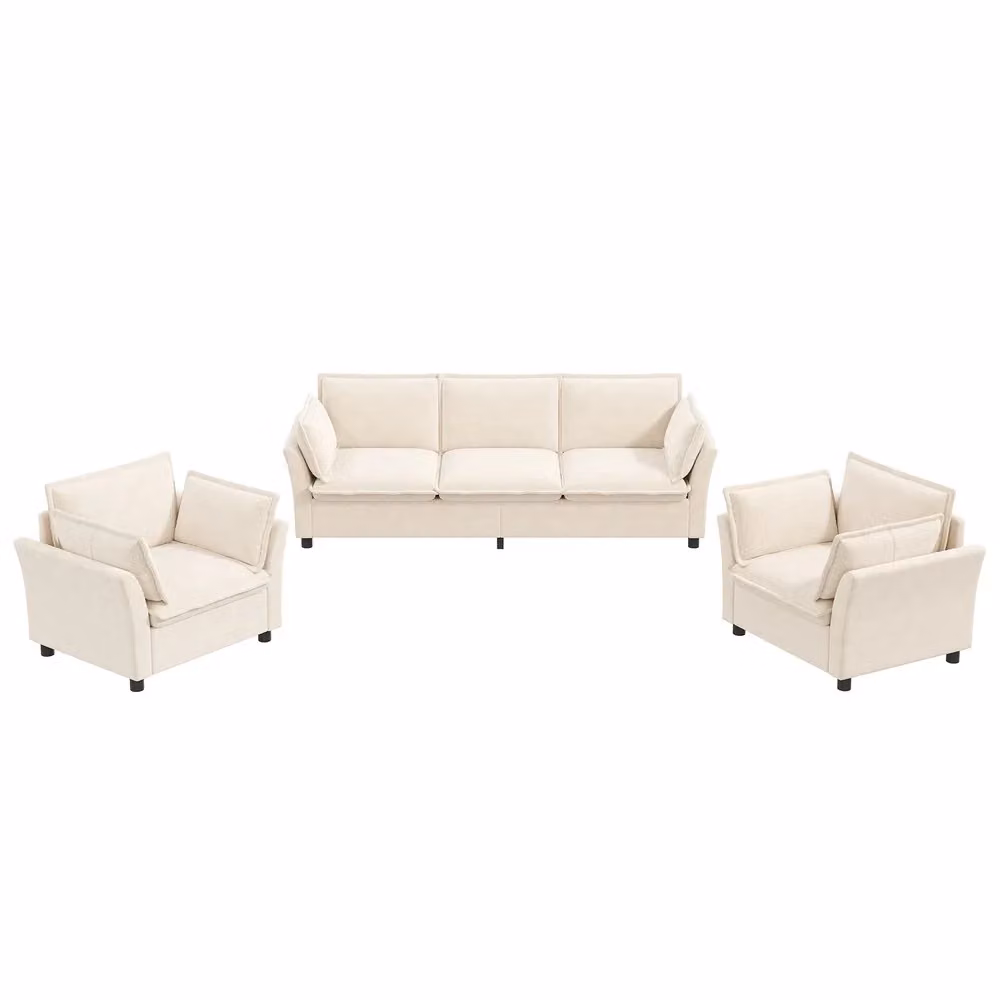 Set modulare Minimal composto da divano 3 posti, 2 poltrone e cuscini in tessuto chenille beige con design moderno – 2