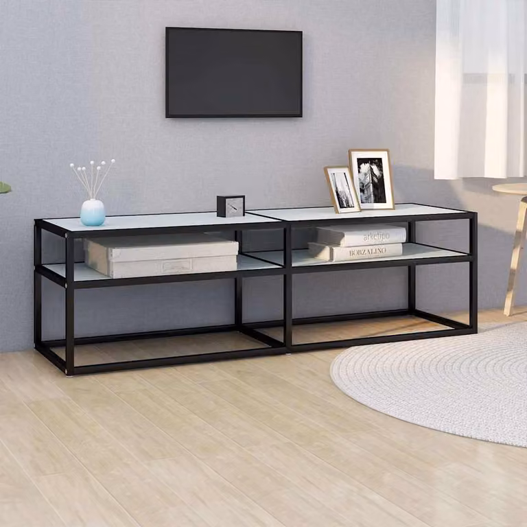 Mobile Porta TV vidaXL Moderno in Vetro Temperato e Metallo, Bianco e Nero, L 140 x P 40 x H 40,5 cm
