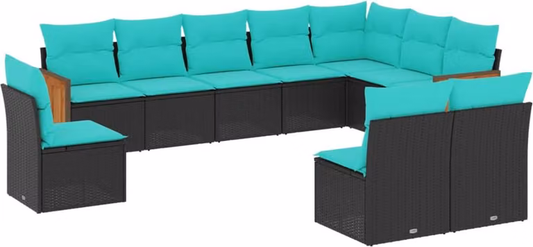 Set Divani da Giardino 10 pz con Cuscini Nero in Polyrattan