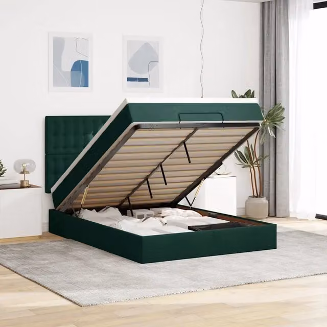 Letto con contenitore a sollevamento vidaXL in velluto verde e bianco con porta USB e illuminazione sottostante L/P/H: 203 x 144 x 140 cm