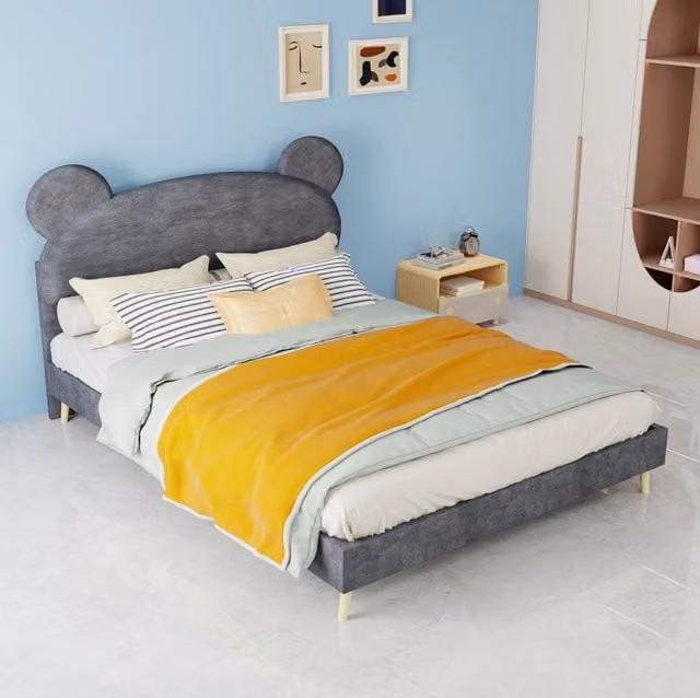 Letto per bambini 140x200 cm con testiera in tessuto grigio e materasso a molle insacchettate