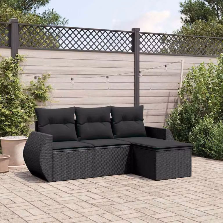 Set di Divani da Giardino vidaXL 4 Pezzi in Polyrattan Nero con Cuscini e Struttura in Acciaio