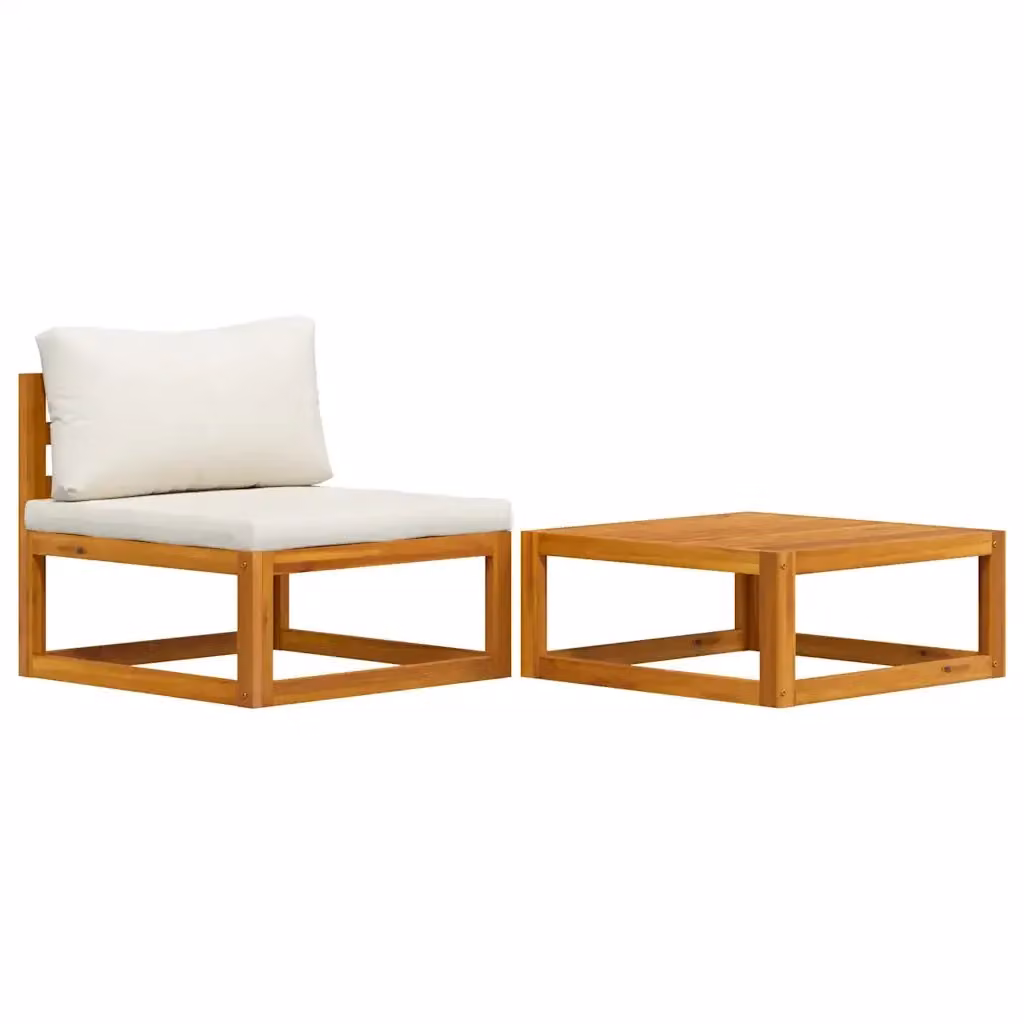 Set da giardino vidaXL composto da 2 divani a due posti e un tavolino in legno massello di acacia con cuscini bianchi – 2
