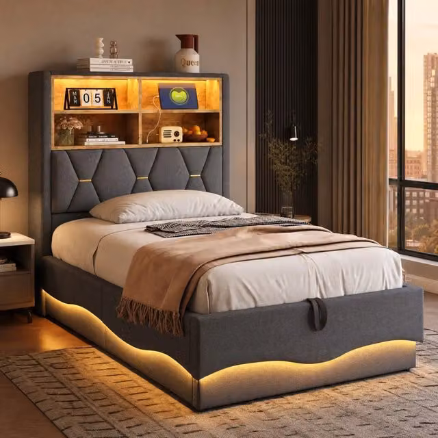 Letto multifunzione per bambini e ragazzi 90x200 cm con LED; USB e contenitore idraulico; grigio