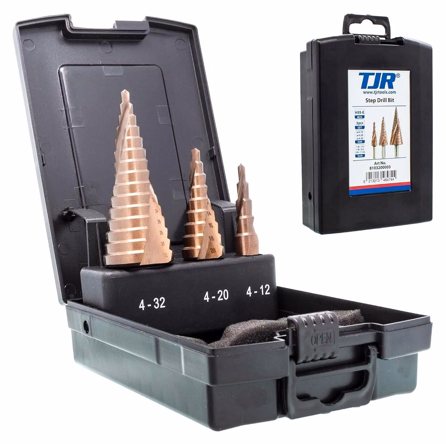 Set di punte da trapano a gradoni, 3 pezzi, in acciaio HSS-E M35 (cobalto), 29 gradoni, da 4 a 32 mm, per metallo