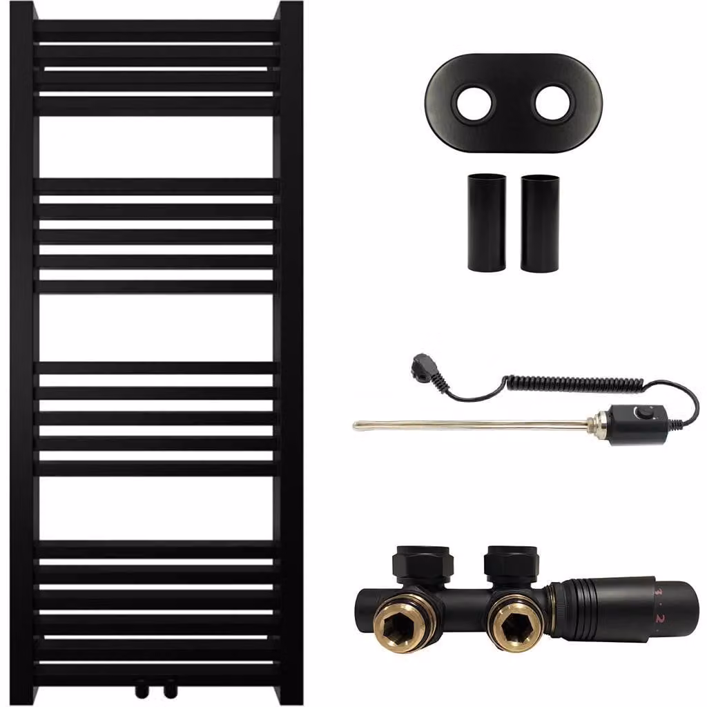 CERANO - Set di radiatori da bagno Franko - riscaldamento combinato, barra termica - attacco centrale da 50 mm - 392 W - nero opaco - 1200 x 500 mm