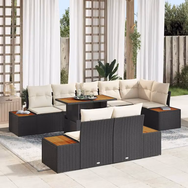 Set da pranzo da giardino vidaXL in rattan e legno di acacia con cuscini Nero e Beige