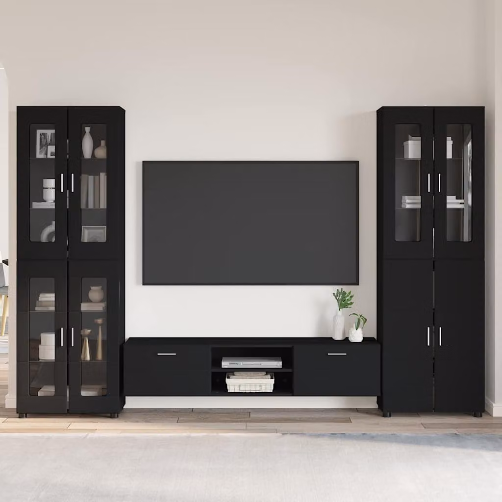 Set mobile TV moderno vidaXL FLORIN in 3 pezzi, colore Nero, L 150 x P 39 x H 30 cm – 1