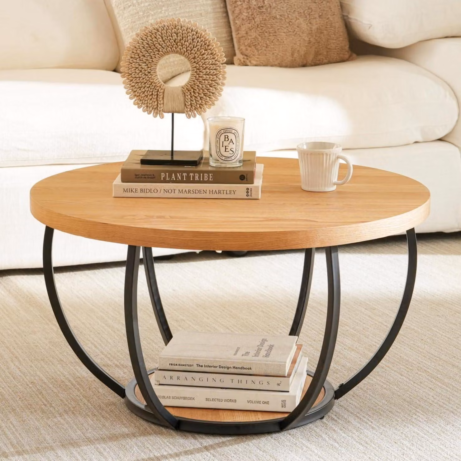 Tavolino da caffè rotondo, diametro 80 cm, aspetto legno naturale, struttura in metallo, 2 ripiani