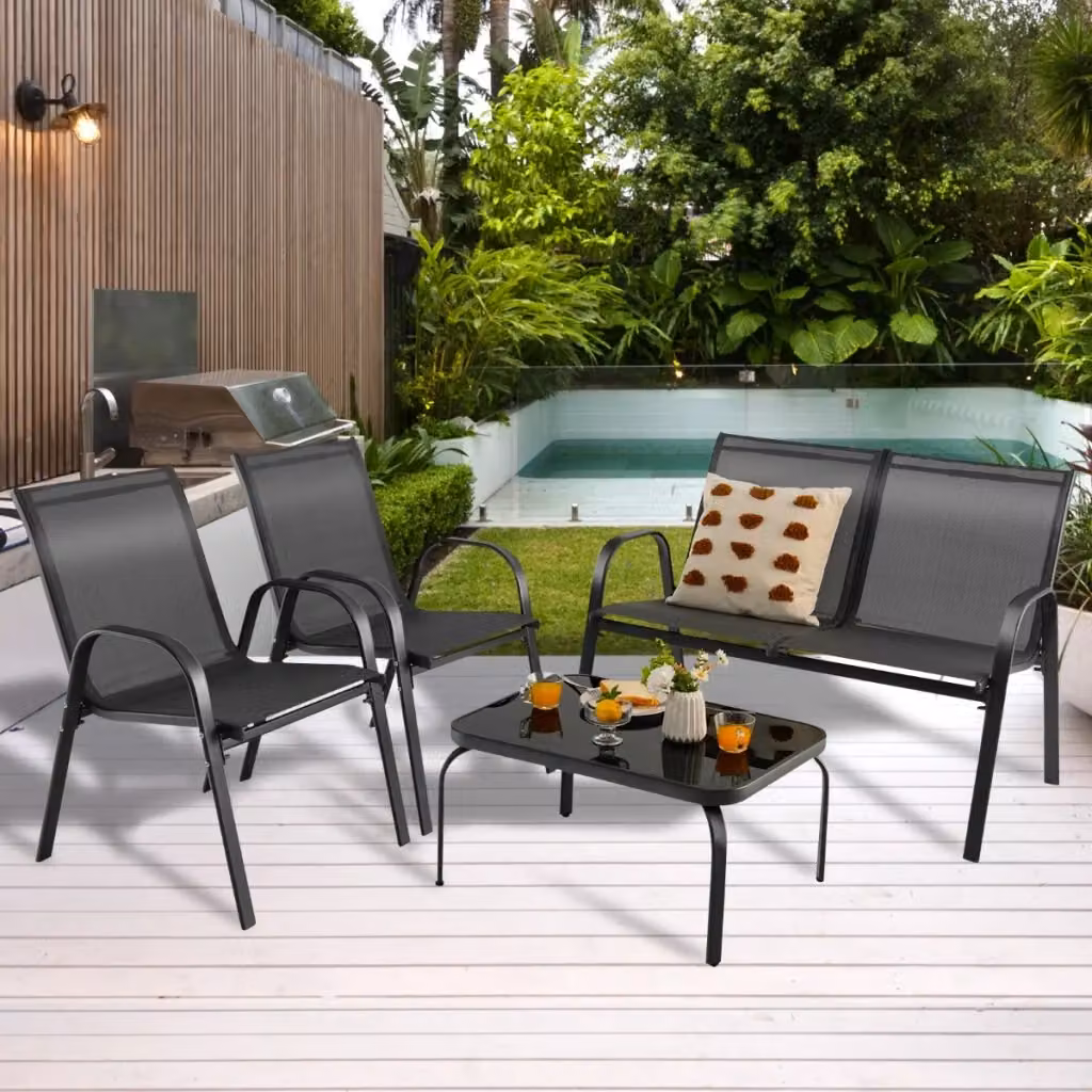Set di mobili da esterno Design Mania composto da 4 pezzi con tavolino in vetro temperato, colore grigio e nero, ideale per giardino e terrazza – 2