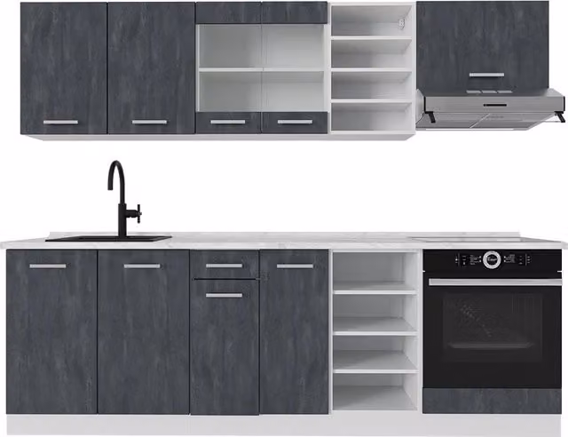 Cucina componibile moderna R-Line Vicco, colore nero calce e bianco, L: 240 cm