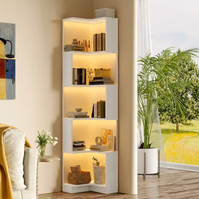 Libreria angolare a 5 ripiani con LED regolabili tramite app in MDF bianco 63;5 × 45 × 175 cm