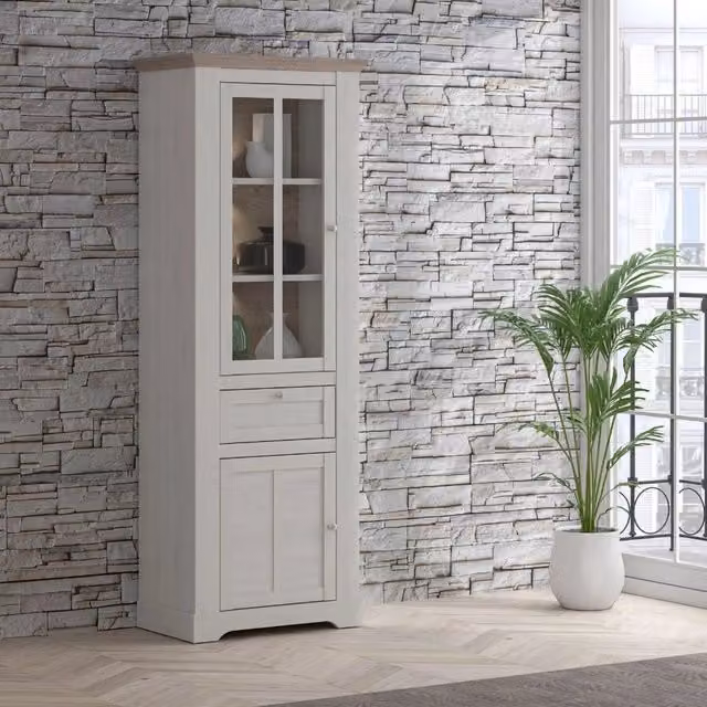Vetrina Forma 2 Ante con Cassetto e Luci LED Rovere Bianco Neve e Olmo Scuro – Compatta e Raffinata