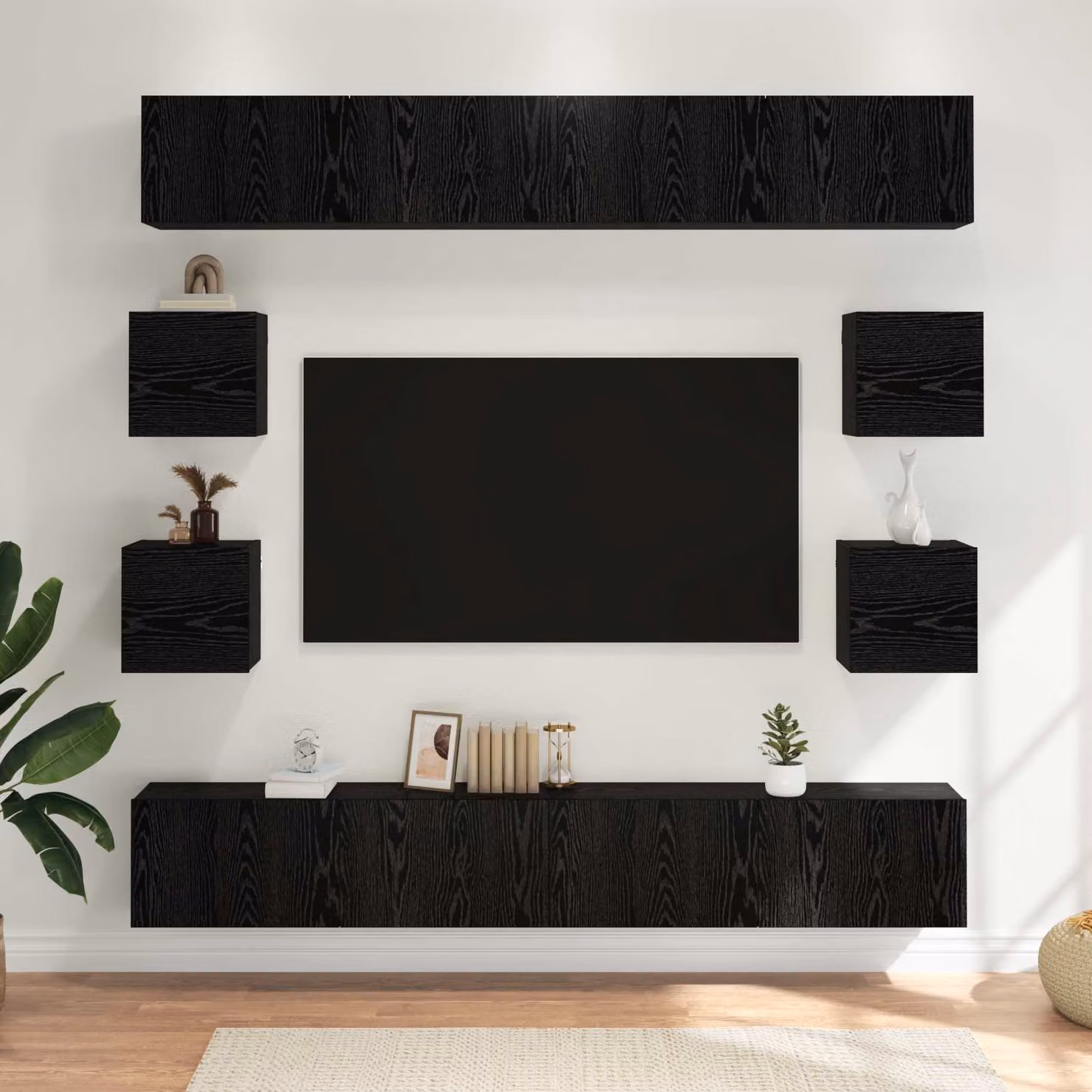 Set mobile TV moderno vidaXL in 8 pezzi, Rovere e Nero, in legno ingegnerizzato MDF