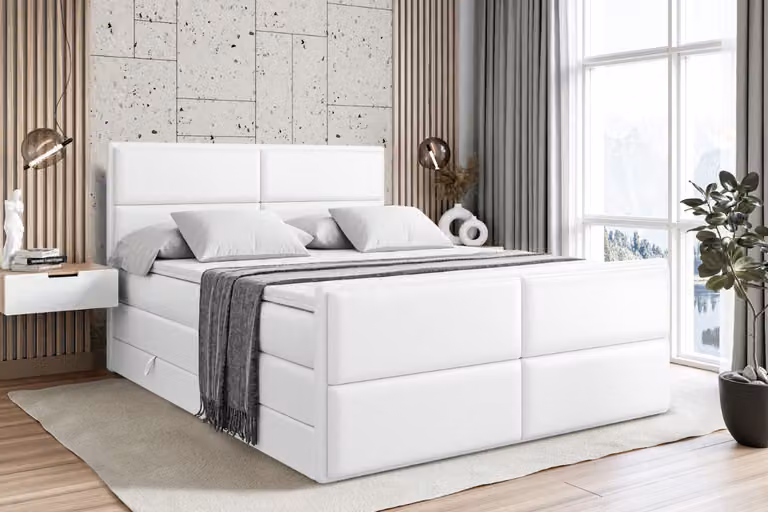 Letto boxspring ALTDECOR con pediera, 2 materassi e topper - 200x200 cm - AURA-Z KING - Pelle finta bianca - Letto imbottito con materassi H3 e H4, contenitore e rete a doghe, letto con spazio contenitivo