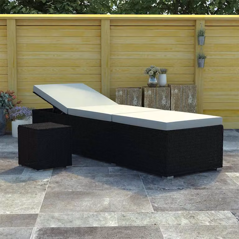 vidaXL Lettino Prendisole in Polyrattan con Cuscino e Tavolino, Bianco e Nero