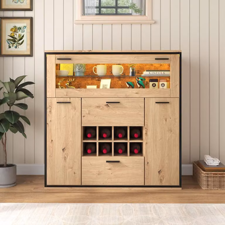 Cassettiera Fortuna Lai, Elegante mobile da vino con doppie ante, ripiano in vetro e portabottiglie - Conservazione perfetta in un'elegante credenza.110 L x 38 L x 111 H(cm)