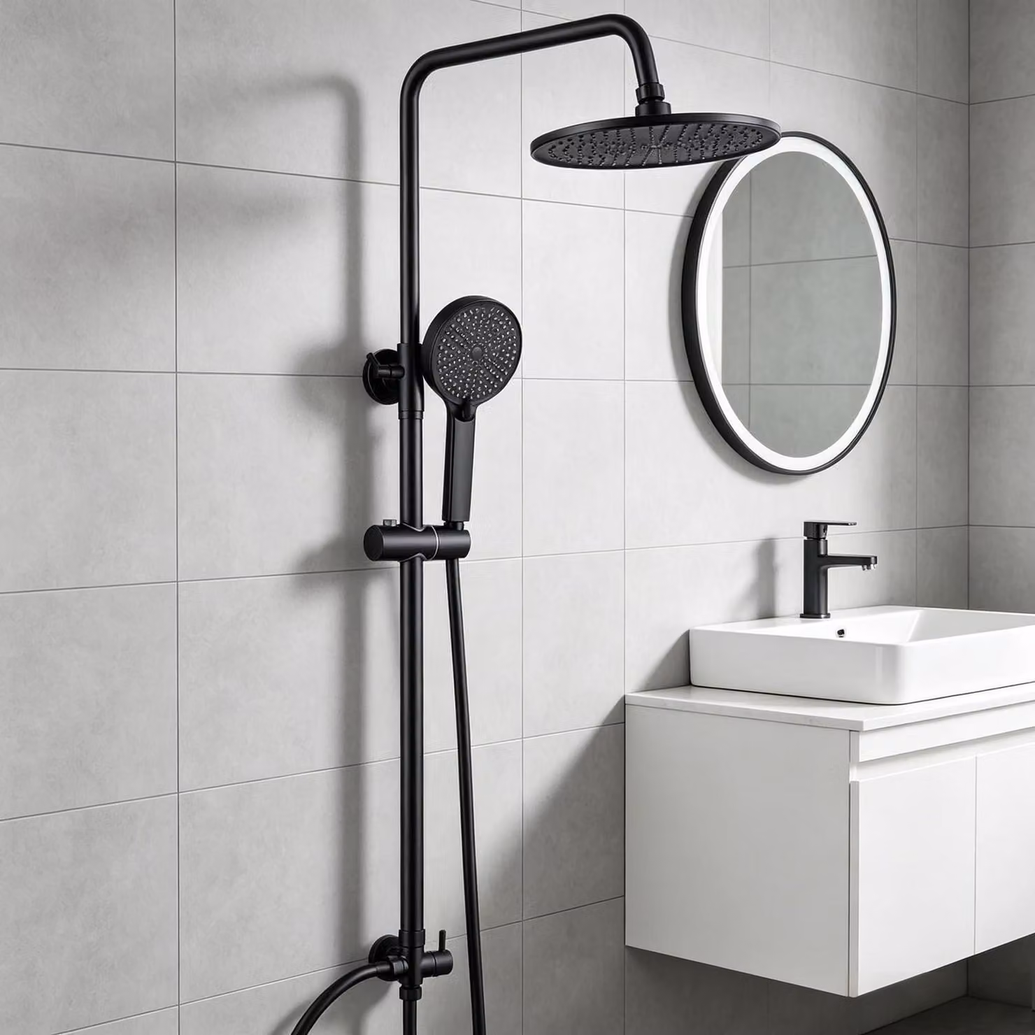 Kit completo per doccia, senza miscelatore, in acciaio inossidabile. Sistema doccia a soffitto, diametro 250 mm, con doccia superiore nera, regolabile in altezza
