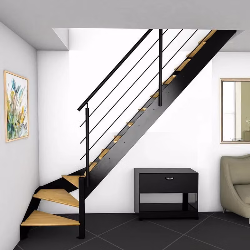 Scala Spectra BURGER a 1/4 di giro con corrimano a destra, struttura in alluminio nero e gradini in legno rovere o faggio – 2