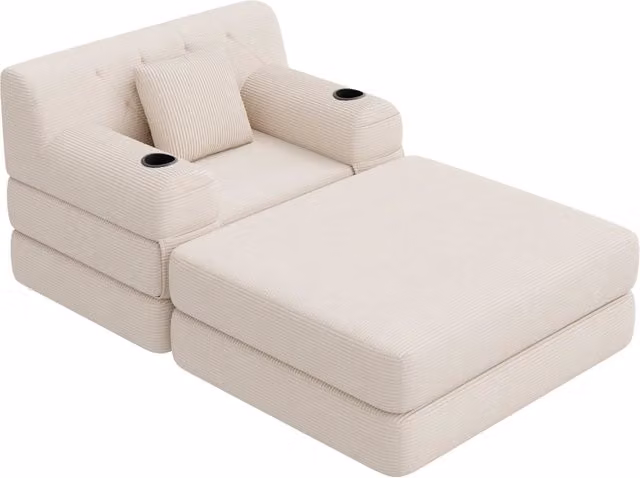 Poltrona letto Chicfurn in velluto a coste beige con schienale alto, 2 portabicchieri e 4 tasche, struttura in metallo e imbottitura in schiuma