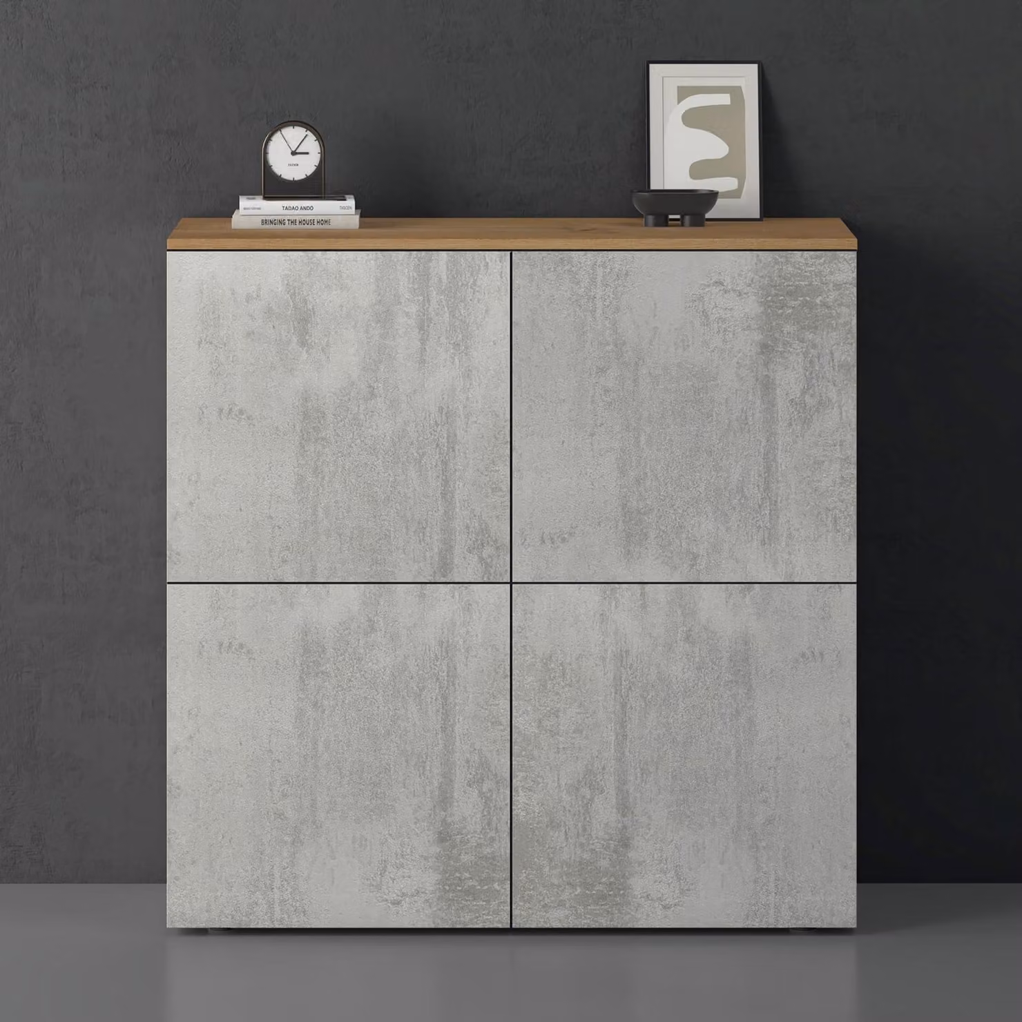 doporro Mobile Organizzatore Credenza Buffet in Legno con 4 Ante Push-to-Open e Soft-Close per Soggiorno, Sala da Pranzo o Ingresso, 100x36,4x100 cm Marrone chiaro e Calcestruzzo Schrank04