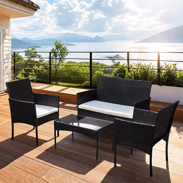 Set da giardino in rattan sintetico Ikodm, composto da 4 pezzi: 2 poltrone, un divano, un tavolino in vetro e cuscini, colore nero