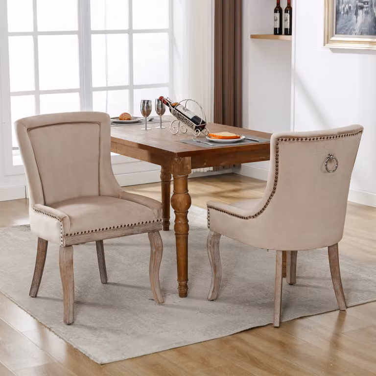Sweiko Lussuosa sedia da pranzo (sedia da cucina, sedia da soggiorno, 2 pezzi), sedia imbottita con decorazioni in chiodo, gambe in legno massiccio, rivestimento in velluto, beige
