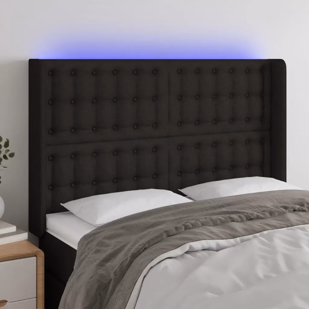 Testata del letto con illuminazione LED e porta di ricarica USB in tessuto nero, L: 147 cm, P: 16 cm, H: 118-128 cm – 2