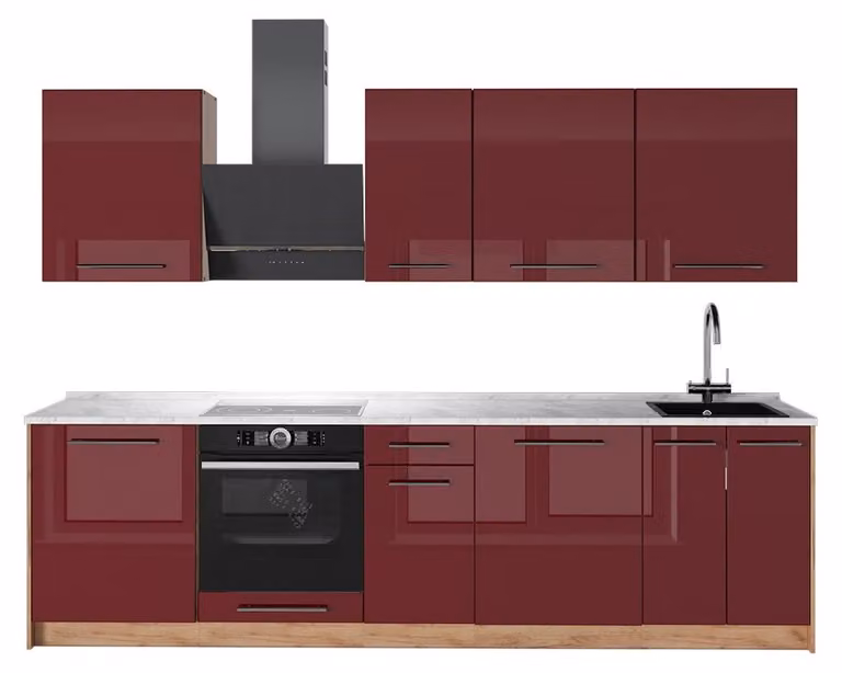 Cucina componibile Vicco Fame-Line Bordeaux lucido/Rovere dorato 280 cm, PL Marmo, Model 64206