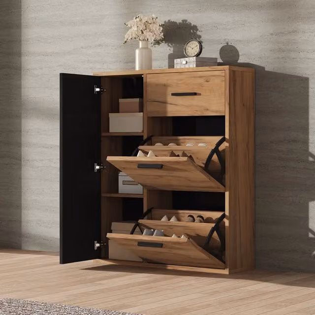 Scarpiera con 3 ante; cassetto e ripiani regolabili in truciolato nero e naturale 80 × 24 × 95.5 cm