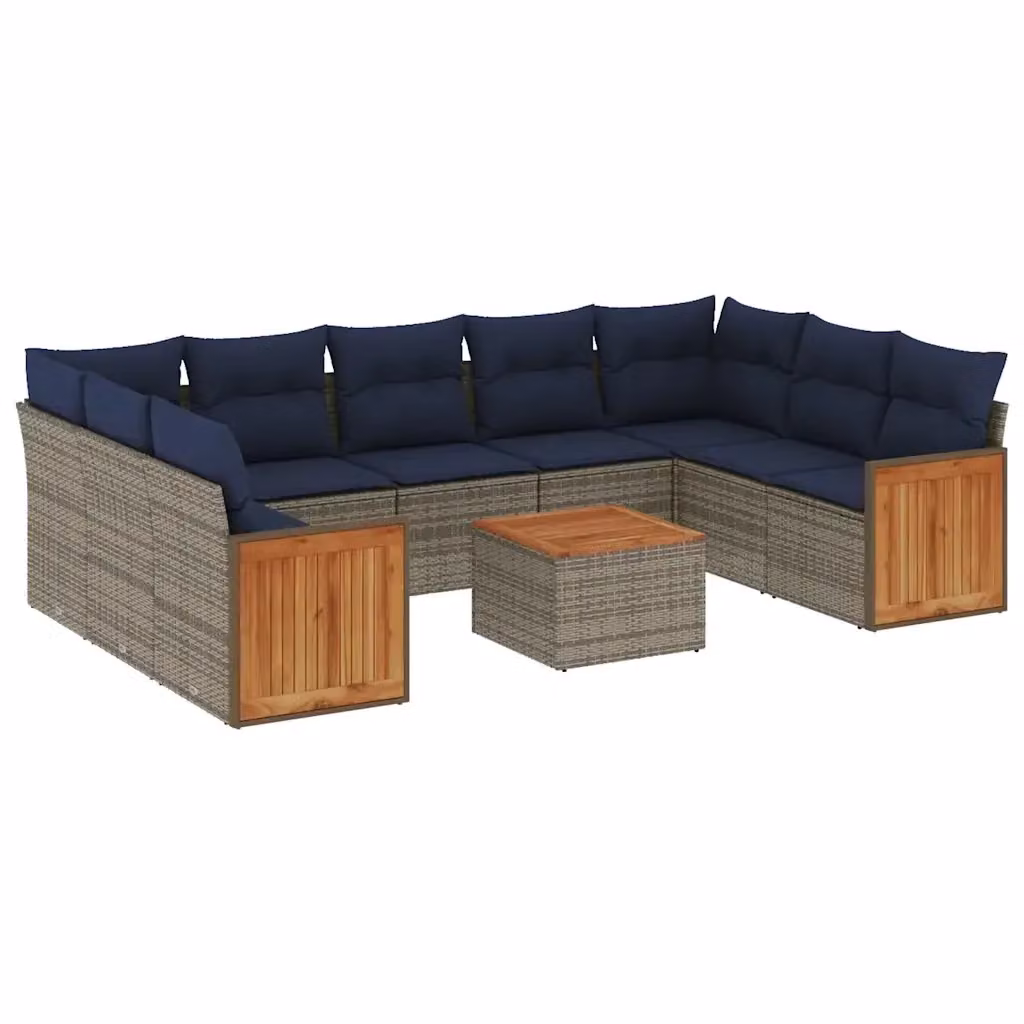 Set da giardino vidaXL in polyrattan composto da 10 pezzi con cuscini imbottiti grigi e blu e tavolino da caffè – 2