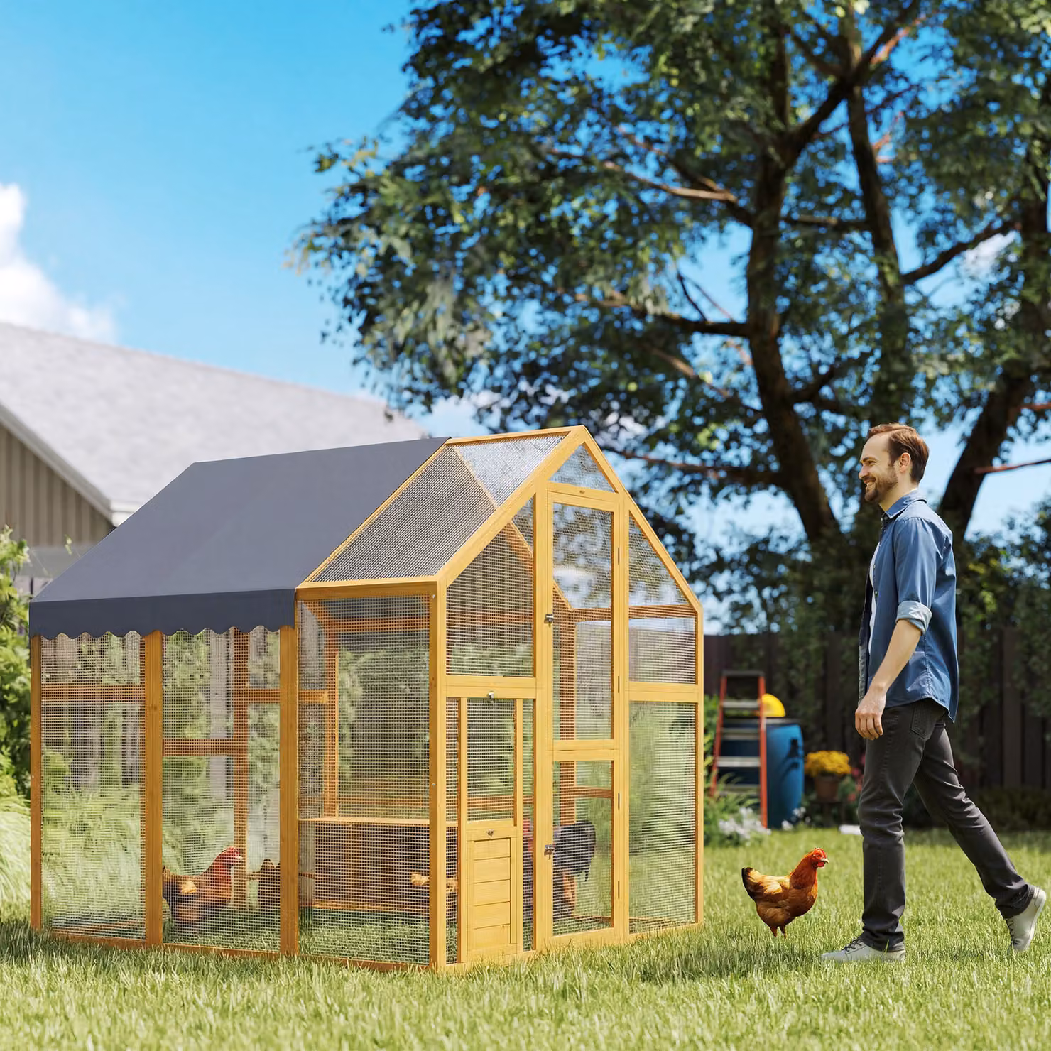 PawHut Pollaio in legno con recinto all'aperto e telo impermeabile per 6-8 galline, L/P/H: 1,7 x 1,8 x 1,8 m – 2