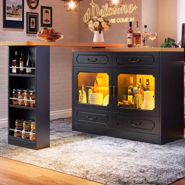 Tavolo bar 135-203x39x92.8 cm allungabile; girevole a 360° con LED; MDF nero e naturale