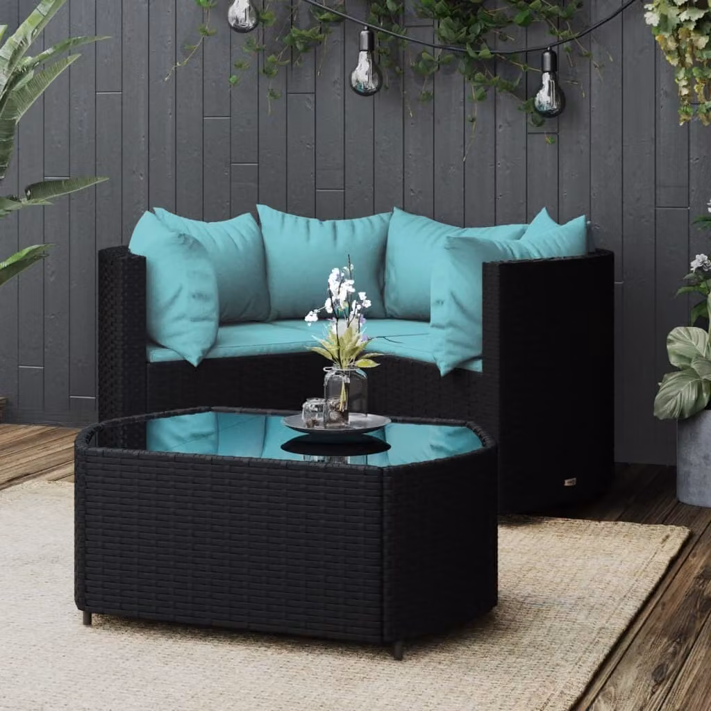 The Living Store Set da giardino 4 pezzi con cuscini in poly rattan nero
