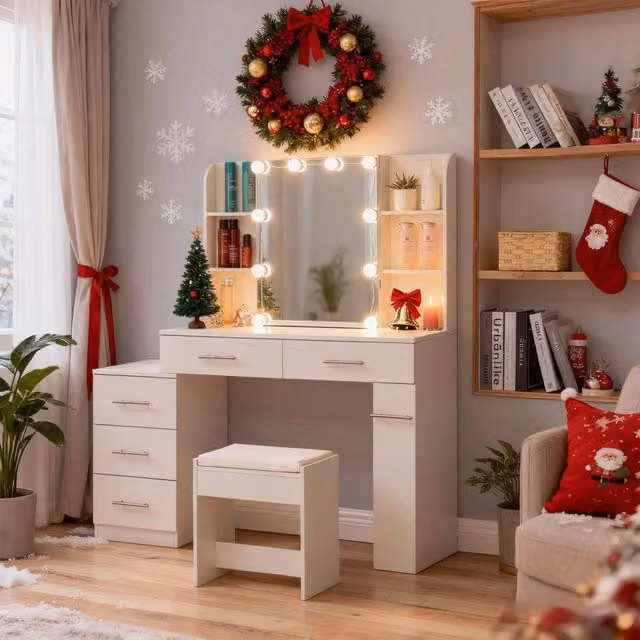 Tavolo Trucco con Specchio e LED ¨C MINIMAL ¨C con Cassetto e Illuminazione