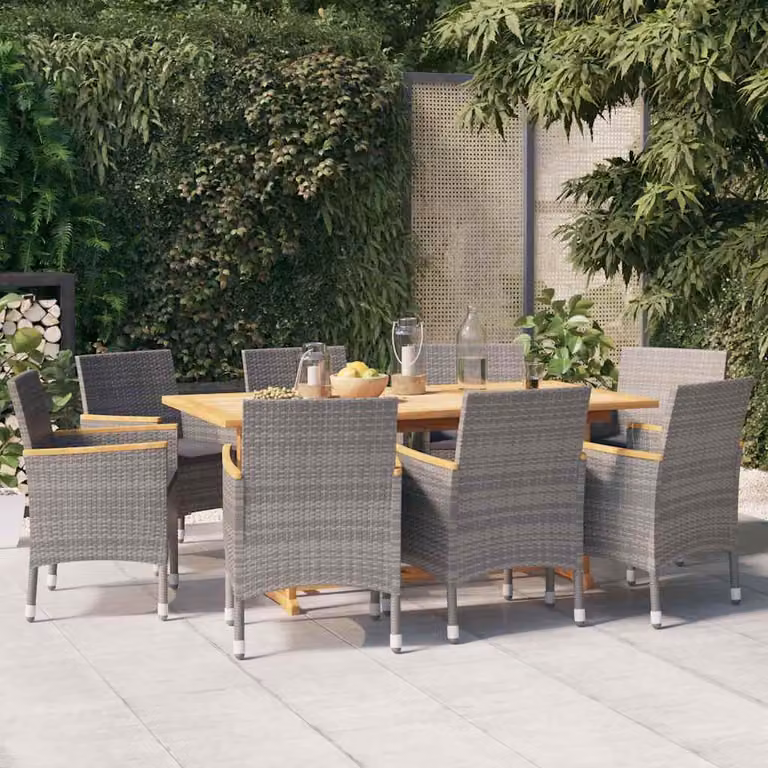 Set da pranzo per giardino vidaXL in legno di acacia con 9 pezzi e cuscini grigi