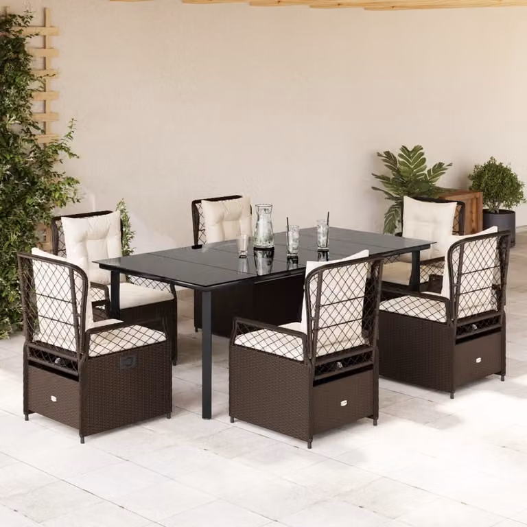 Set da Pranzo da Giardino 7pz vidaXL in Polyrattan Marrone con Piano in Vetro