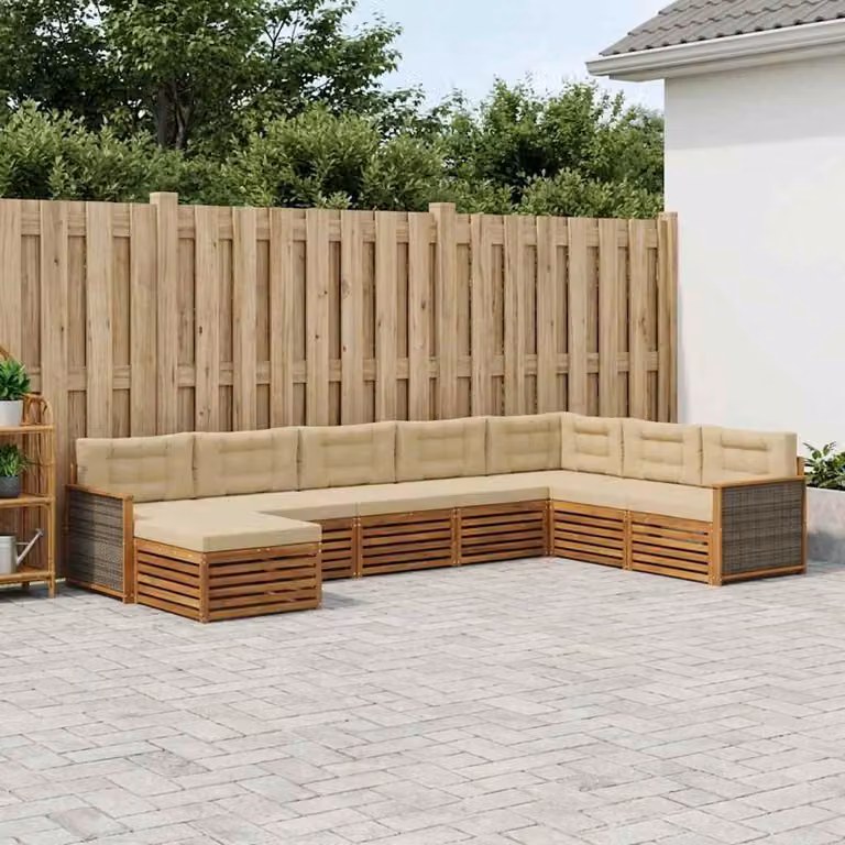 vidaXL Set di divani da esterno 8 pz in legno di acacia con cuscini, beige e marrone