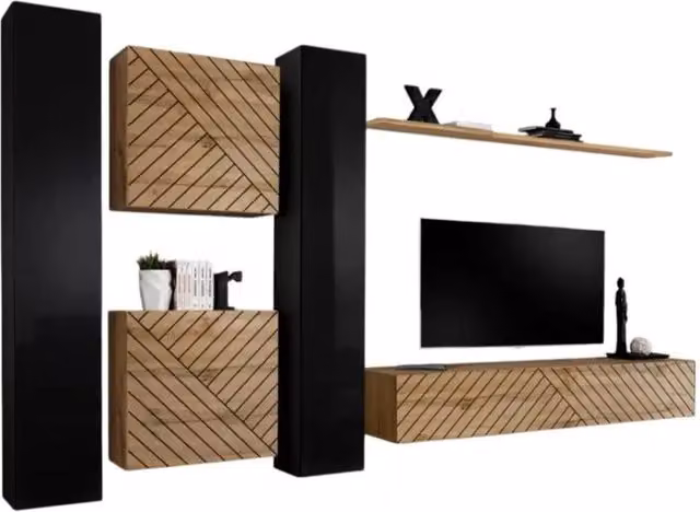 Set di mobili da soggiorno design SWITCH VI Meublorama, nero e rovere con finiture nere lucide ed effetto rovere fresato
