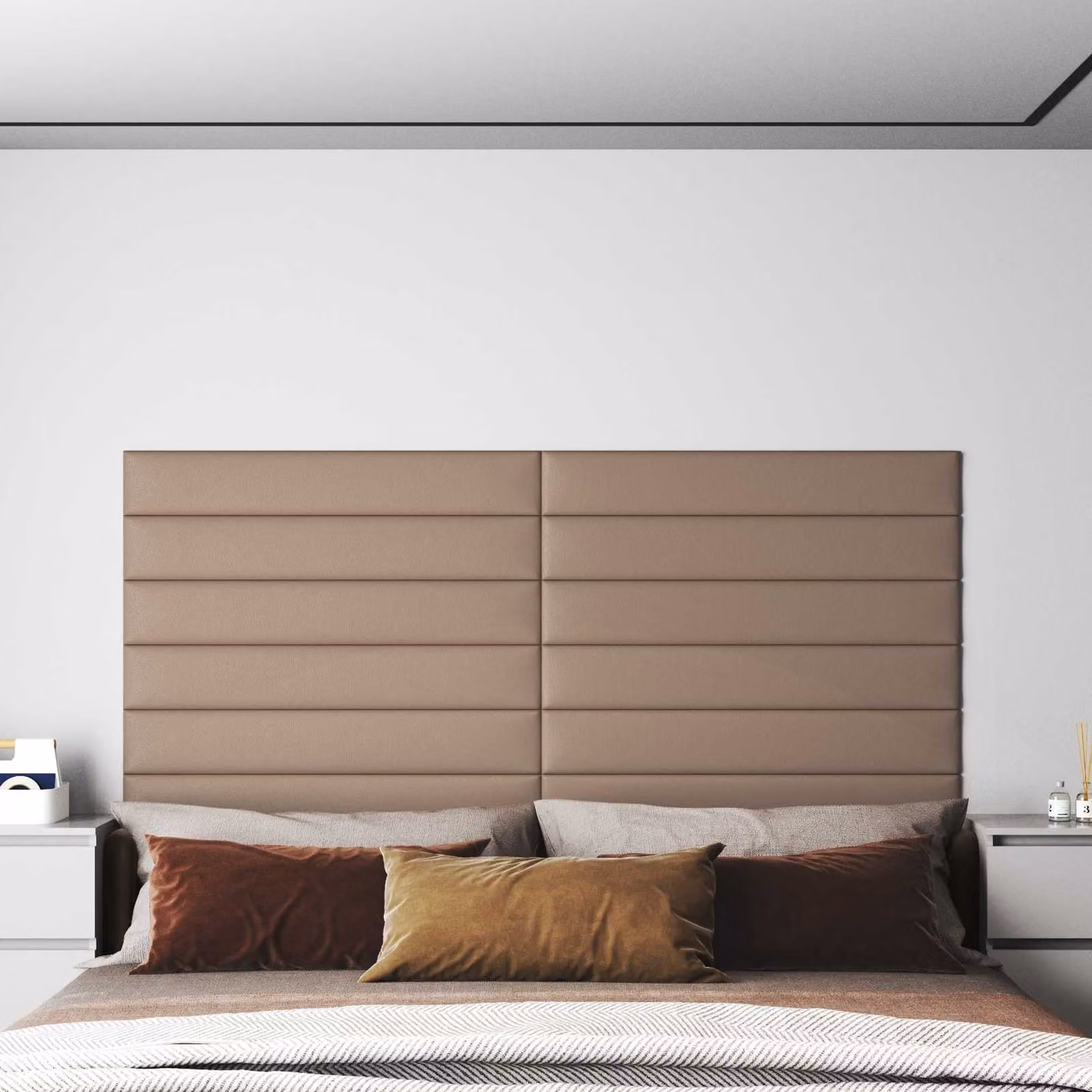 Testiera da parete imbottita vidaXL in tessuto beige, set da 12 pezzi, L: 90 cm, H: 15 cm
